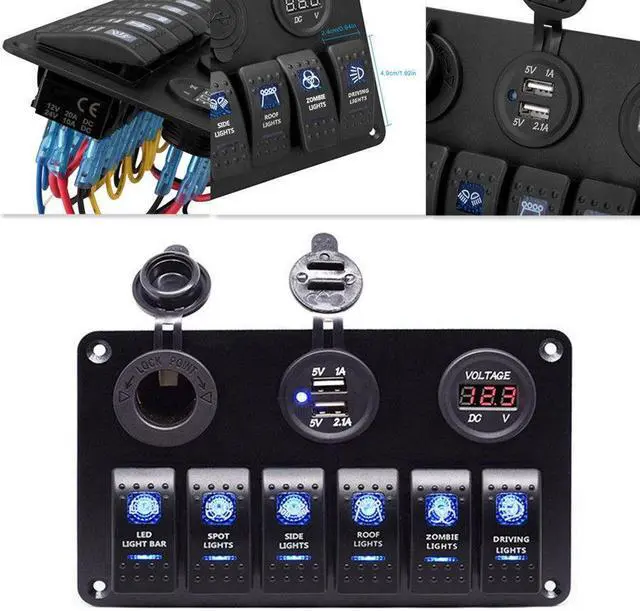 Main image of 12V Car 6Gang Rocker Button Panel with Digital Voltmeter USB Charger Adapter LED