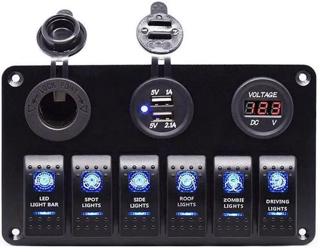 Alt view image 4 of 7 - 12V Car 6Gang Rocker Button Panel with Digital Voltmeter USB Charger Adapter LED