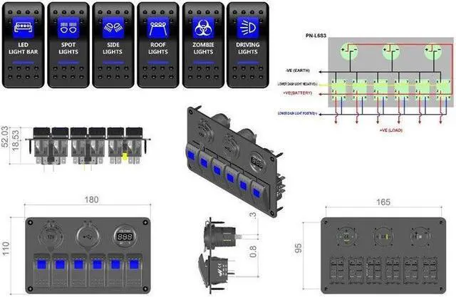 Alt view image 7 of 7 - 12V Car 6Gang Rocker Button Panel with Digital Voltmeter USB Charger Adapter LED