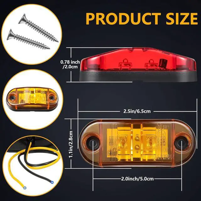 Alt view image 6 of 6 - 10 Pcs LED Trailer Side Marker Lights 2 Diode Oval 2.5in,Amber, Red | Waterproof Clearance Marker for Truck Boat Rv Trailer, Equipped with Mounting Screws, Easy Mount, Running Signal Lighting