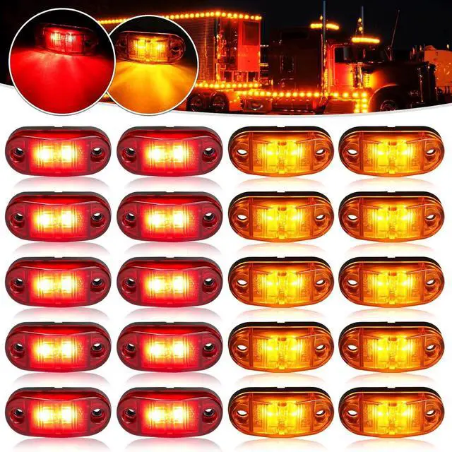Main image of LED Trailer Lights Kit Front Rear Side Marker Clearance Indicators Light Lamp, 10Pack Amber + 10Pack Red DC12-24V 2.5" Waterproof Universal for RV Camper Truck Van Caravan Boat