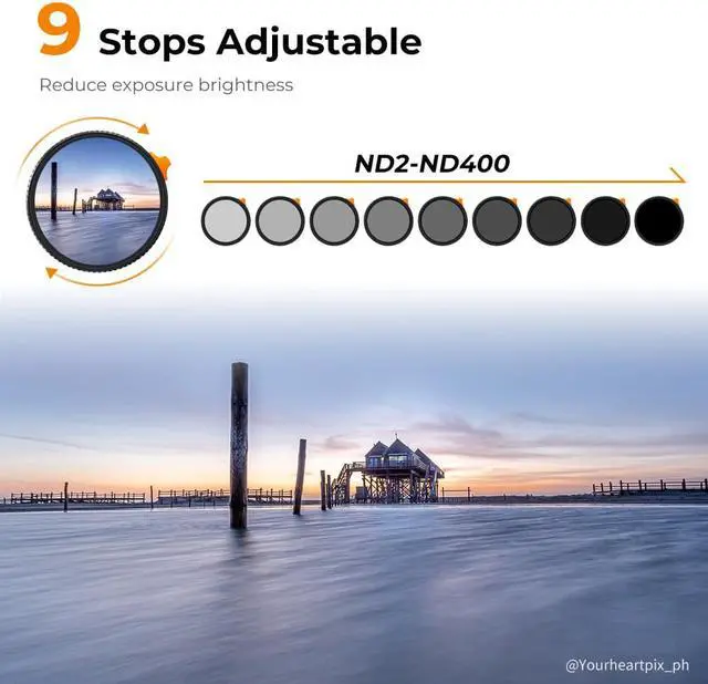 Alt view image 2 of 14 - K&F Concept 58mm Variable ND Filter ND2-ND400 (1-9 Stops) with Putter HD 28 Multi-Layer Coatings Import AGC Glass Adjustable Neutral Density Filter for Camera Lens