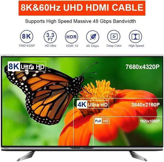 Alt view image 2 of 7 - IXJYLCPC 8K HDMI 2.1 Cable 10ft, Certified 48Gbps Ultra High Speed HDMI Cable 10K 8K60Hz, 4K120Hz 4:4:4 eARC DTS:X HDR10+ HDCP 2.2&2.3 3D Dolby Atmos Compatible with Mac Gaming PC Soundbar PS5
