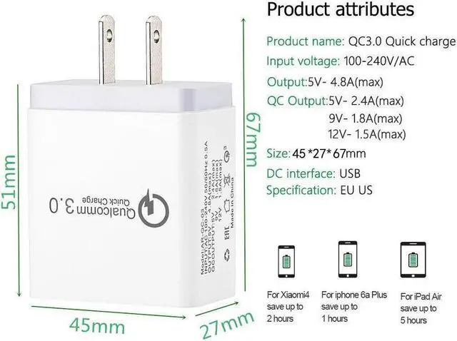 Alt view image 5 of 7 - IXJYLCPC Quick Charge 3.0 Lightning Cable Fast Wall Charger 3 Ports Tablet iPad Phone Charger Adapter Qualcomm Travel Plug For iPhone X/8/8+/7P Samsung S9/S8/S7/Edge/Note Wireless Charger
