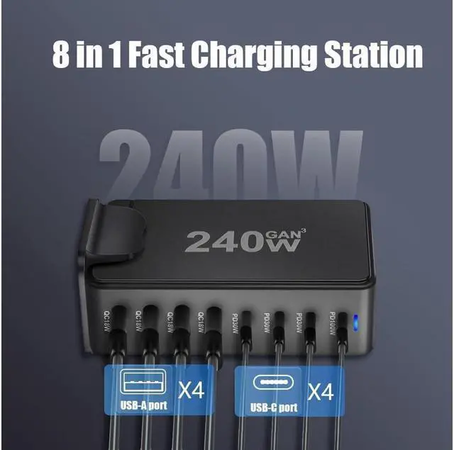 Alt view image 2 of 7 - IXJYLCPC 8 Port USB C Charger 240W QC3.0 PD3.0 GaN Charger Type C Adapter with Fast Desk Charger Compatible for iPhone, MacBook Pro, iPad Pro, Switch, Galaxy S22/S21