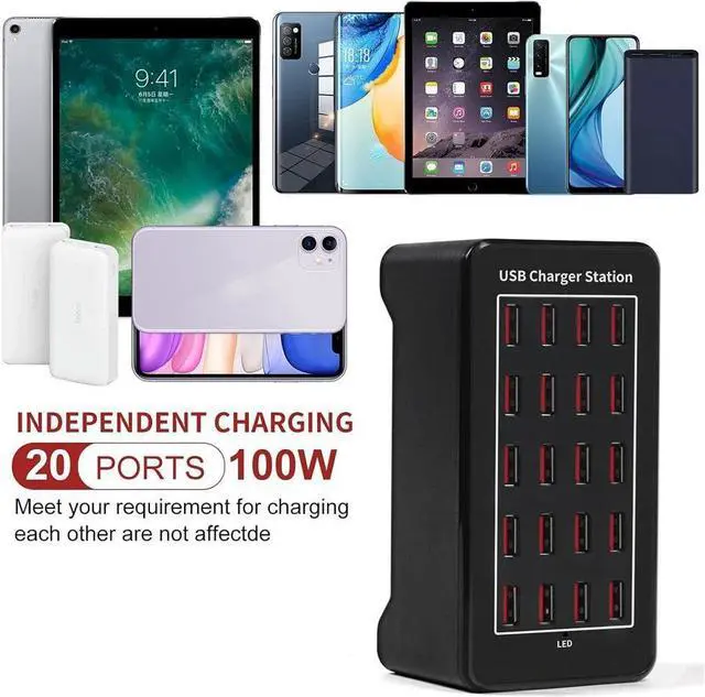 Alt view image 6 of 7 - IXJYLCPC 100w 20(20A) Port, USB Fast Charging Station,Travel Desktop USB Rapid Charger,Multi Ports Charging Station Organizer Compatible with Smartphones,Tables,and More Devices - Black