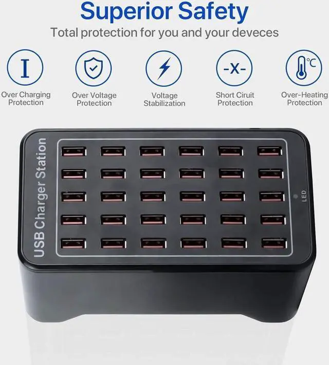 Alt view image 3 of 7 - IXJYLCPC 20-Port 150 watt (30 A) USB Charging Station, Travel Desktop USB Rapid Charger, Multi Ports Fast Charger Station Organizer Compatible with Smartphones, Tables, and More Devices - Black