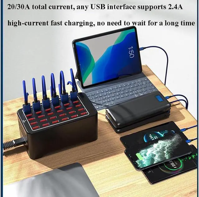 Alt view image 5 of 7 - IXJYLCPC 20-Port 150 watt (30 A) USB Charging Station, Travel Desktop USB Rapid Charger, Multi Ports Fast Charger Station Organizer Compatible with Smartphones, Tables, and More Devices - Black