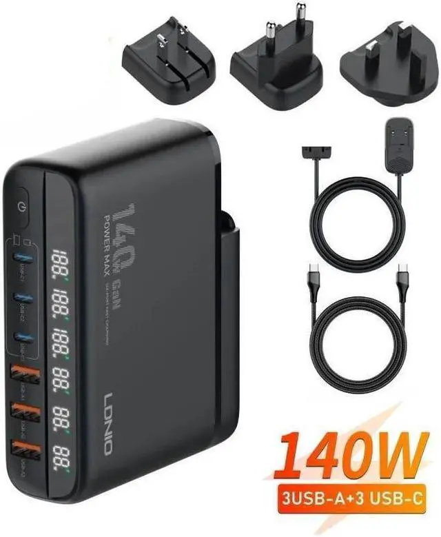 Main image of IXJYLCPC 140W GaN Fast Charger 6 Port USB Type C Phone Charger Quick Charge 3.0 Power Adapter For iPhone 15 14 13 Xiaomi Samsung Desk Charger - Black