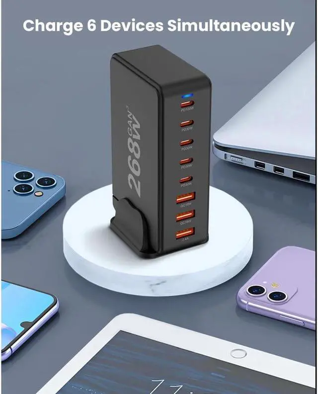 Alt view image 5 of 7 - IXJYLCPC 268W USB Type C Charger, 8 Port USB Desk Charger, 268 Watt GaN Fast Charger, QC4.0 PD3.0 Type C Foldable Adapter 268W. Compatible for All Phones and Tablets (Black)