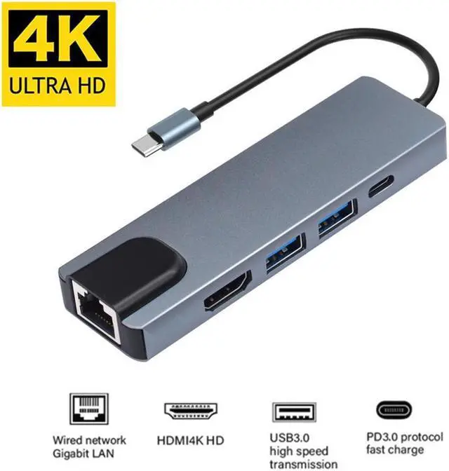 Main image of IXJYLCPC USB C Hub Multiport Adapter with 4kHDMI Output, 1000M RJ45 Gigabit Ethernet, 2USB3.0 Ports ,100W Power Delivery, 5-in-1 USB C Network Adapter for MacBook Pro & Type C Windows Laptops