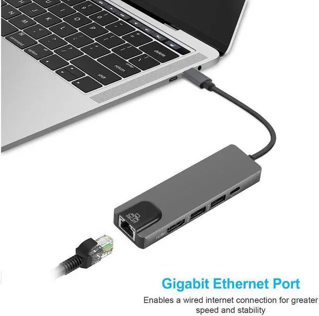 Alt view image 4 of 7 - IXJYLCPC USB C Hub Multiport Adapter with 4kHDMI Output, 1000M RJ45 Gigabit Ethernet, 2USB3.0 Ports ,100W Power Delivery, 5-in-1 USB C Network Adapter for MacBook Pro & Type C Windows Laptops