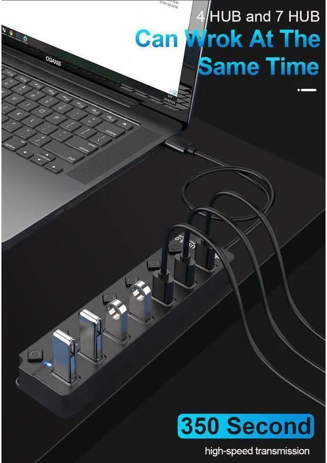 Alt view image 2 of 7 - IXJYLCPC USB 3.0 Hub, 7 Port Powered USB Hub Expander USB 3.0 Data Port hub with Universal 5V DC Adapter and Individual On/Off Switches USB Splitter for Laptop and PC(Black)