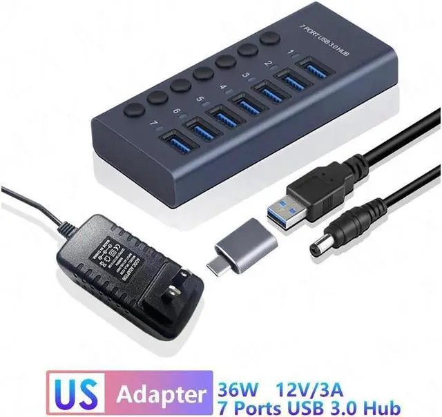 Main image of IXJYLCPC 7-Port Powered USB 3.0 Hub 36W with 7 USB 3.0 Data Ports, Aluminum USB Splitter for Laptop/PC, work for Mouse, Keyboard, Hard Drive or More USB Devices