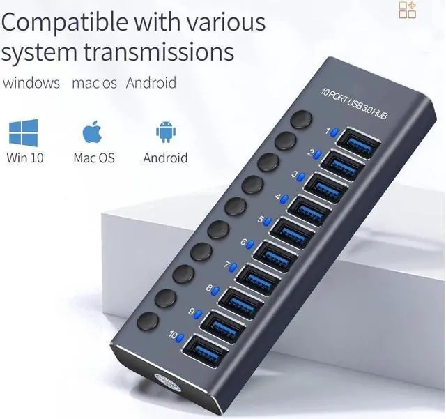 Alt view image 6 of 7 - IXJYLCPC 10-Port Powered USB 3.0 Hub 60W with 10 USB 3.0 Data Ports, Aluminum USB Splitter for Laptop/PC, work for Mouse, Keyboard, Hard Drive or More USB Devices