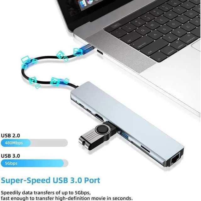 Alt view image 6 of 7 - XJYLCPC USB C Hub,8-in-1 USB C Adapter Type C Hub with 4K HDMI RJ45 Ethernet Port 2X USB 3.0 SD/TF Card Reader 87W PD Charging Port Type-C Port Compatible with iPad Pro/MacBook/Type C Devices