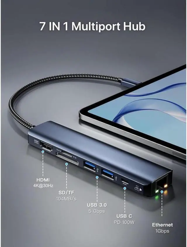 Alt view image 2 of 7 - XJYLCPC USB Hub, 7-in-1 USB to 1Gbps LAN Network HUB with 4K HDMI, 2*USB3.0, , SD/TF Card Readers, 100W PD USB Aluminum Extension for Laptop, iMac, PC, USB Flash Drives etc