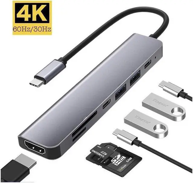 Main image of XJYLCPC 7 in 1 USB C Hub USB C to 4K HDMI Adapter with 100W Power Delivery, 2*USB 3.0 Ports USB-C SD/TF Card Reader, Compatible for iPhone 15 Promax MacBook Ipad Laptops Computers and More Type C