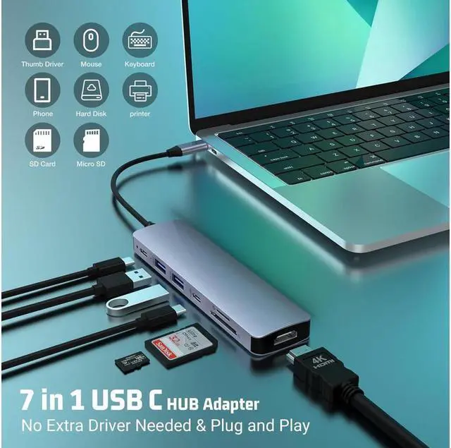 Alt view image 2 of 7 - XJYLCPC 7 in 1 USB C Hub USB C to 4K HDMI Adapter with 100W Power Delivery, 2*USB 3.0 Ports USB-C SD/TF Card Reader, Compatible for iPhone 15 Promax MacBook Ipad Laptops Computers and More Type C