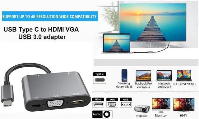 Alt view image 5 of 7 - XJYLCPC USB C to HDMI VGA Adapter, 5-in-1 USB C Hub with 4K HDMI,1080P VGA,USB 3.0, 3.5mm Audio Port, 60W USB C PD Charging (Thunderbolt 3)Type C Multiport Adapter for MacBook Pro/Nintendo