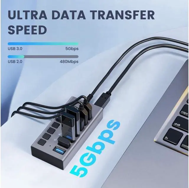 Alt view image 3 of 7 - XJYLCPC Powered USB Hub - 7 Ports 36W USB 3.0 Data Port Aluminum Housing Individual On/Off Switches 12V/3A Power Adapter, 5Gbps High Speed USB 3.0 Hub for Laptop, PC, Computer, Mobile HDD