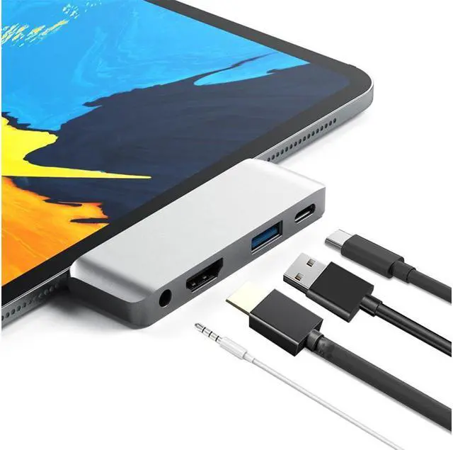 Main image of XJYLCPC USB C HDMI Adapter for MacBook Pro 2017/2016/Google Chromebook /XPS/S9, 4 in 1 USB-C to 4K HDMI Output, Audio Jack Port , PD Charging Port and USB3.0 Port (Silver)