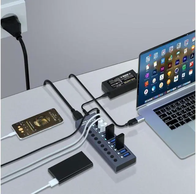 Alt view image 5 of 7 - XJYLCPC 10-Port Powered USB 3.0 Hub with 7 USB 3.0 Data Transmission Ports + 2 Smart Charging Ports + 1 PD Charging Port, USB Splitter for Laptop/PC, work for Mouse, Keyboard, Hard Drive