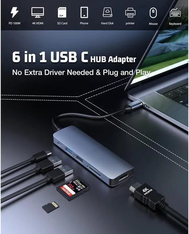 Alt view image 2 of 7 - XJYLCPC USB C HUB, USB C Adapter 6 in 1 Dongle with 4K HDMI, Type C PD, USB3.0, USB2.0, SD/TF Card Reader, Docking Station Compatible with MacBook Pro/Air, Other Type C Laptops