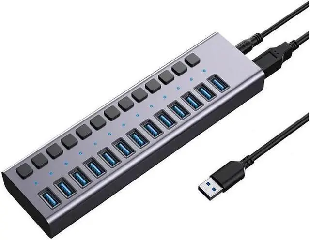 Main image of XJYLCPC Powered USB Hub - 16 Ports 90W USB 3.0 Data Port, Aluminum Housing, Individual On/Off Switches 12V/7.5A Power Adapter 5Gbps High Speed USB 3.0 Hub for Laptop PC Computer Mobile HDD
