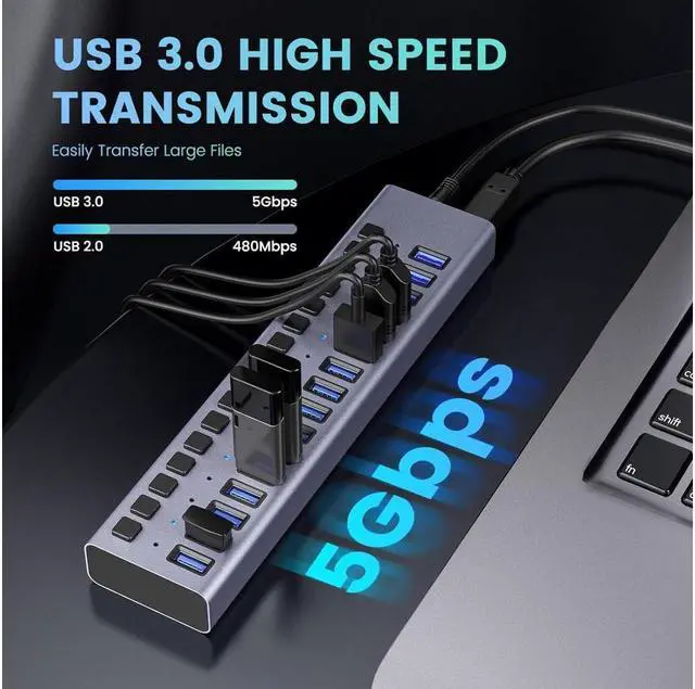 Alt view image 2 of 7 - XJYLCPC Powered USB Hub - 16 Ports 90W USB 3.0 Data Port, Aluminum Housing, Individual On/Off Switches 12V/7.5A Power Adapter 5Gbps High Speed USB 3.0 Hub for Laptop PC Computer Mobile HDD