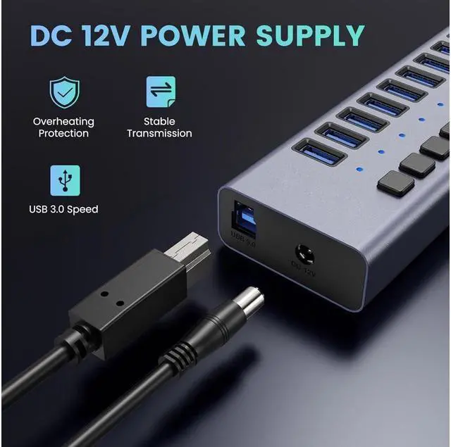 Alt view image 3 of 7 - XJYLCPC Powered USB Hub - 16 Ports 90W USB 3.0 Data Port, Aluminum Housing, Individual On/Off Switches 12V/7.5A Power Adapter 5Gbps High Speed USB 3.0 Hub for Laptop PC Computer Mobile HDD