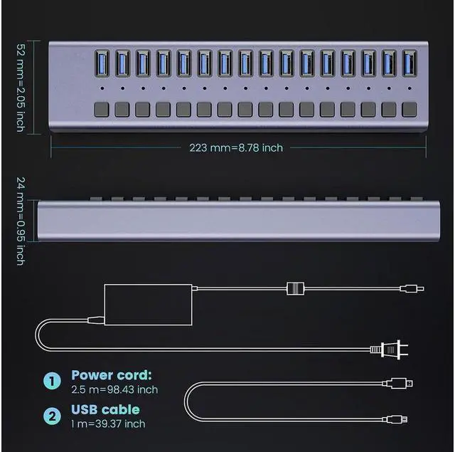 Alt view image 7 of 7 - XJYLCPC Powered USB Hub - 16 Ports 90W USB 3.0 Data Port, Aluminum Housing, Individual On/Off Switches 12V/7.5A Power Adapter 5Gbps High Speed USB 3.0 Hub for Laptop PC Computer Mobile HDD