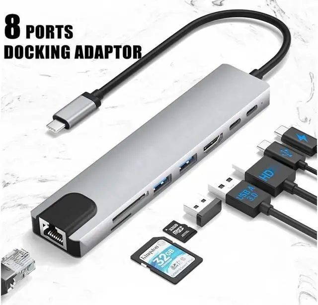Main image of XJYLCPC USB C Hub Docking Station 8 in 1 with USB 3.0&2.0, 4K HDMI, 100W Power Delivery, Ethernet, TF/SD Card Reader Compatible with MacBook/Laptops and More Devices, HDD, Printer, Mouse