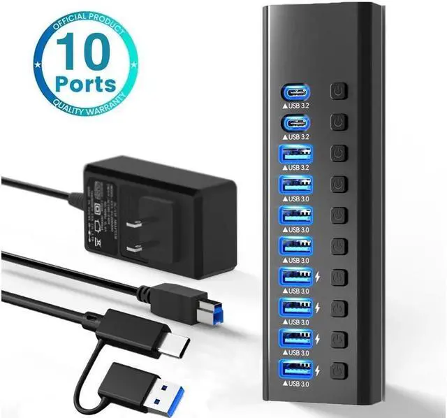 Main image of XJYLCPC Powered Hybrid USB-A/C Hub10 Ports 48W Powered USB Hub Aluminum USB Splitter with Individual On/Off Switches and 12V Power Adapter for PC, Laptops, MacBook Pro/Air, iMac,