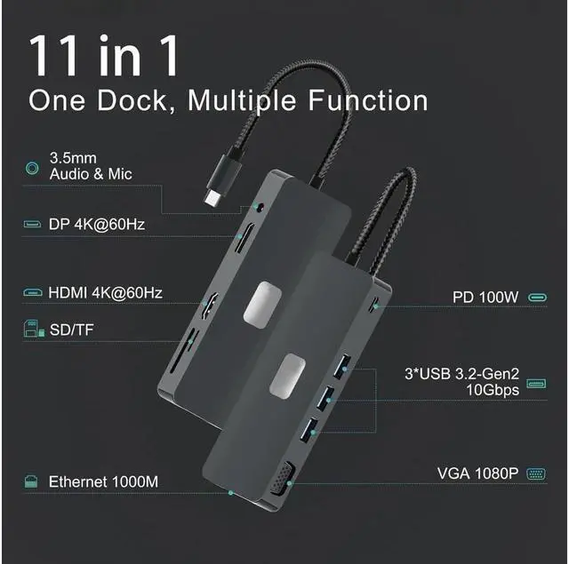 Alt view image 2 of 7 - XJYLCPC USB C Docking Station, 11 in 1 USB C Hub Adapter with 4K60 HDMI, 4K60 DisplayPort, VGA, Ethernet, 3*10Gbps USB-A Ports, Audio, 100W PD, SD/TF Card Reader for MacBook Pro Air, XPS, Surface