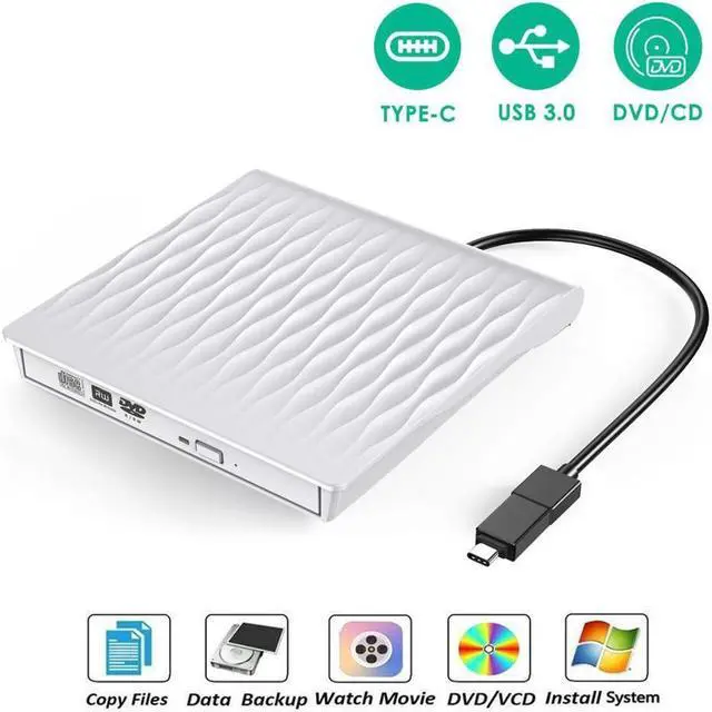 Main image of IXJYLCPC Slim Type C External CD Drive, USB 3.0 Portable CD/DVD +/-RW Drive Ultra-Thin DVD/CD ROM Rewriter Burner Compatible with Laptop Desktop PC Windows Linux OS Apple Mac(SLS01, White)
