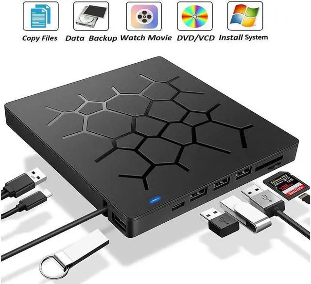 Main image of IXJYLCPC 7 -in-1 External DVD Drive with 4 USB Ports and 2 SD Card Slots, USB 3.0 External DVD CD ROM Drive, USB-C External DVD Player, Portable DVD +/- RW Optical Drive for Windows 7/8/10/Linux