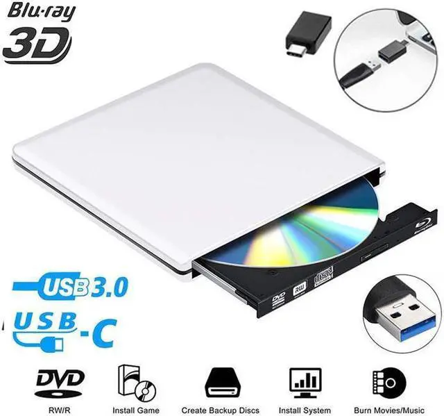 Main image of IXJYLCPC External Blu Ray Drive USB3.0 TypeC Aluminium External3D 6XBlu-Ray BD CD DVD RW ROM Drive Player Burner Writer for Laptop/Mac/MacBook Pro/Air/PC/Windows MacBook Mac Linux OS Apple Silver