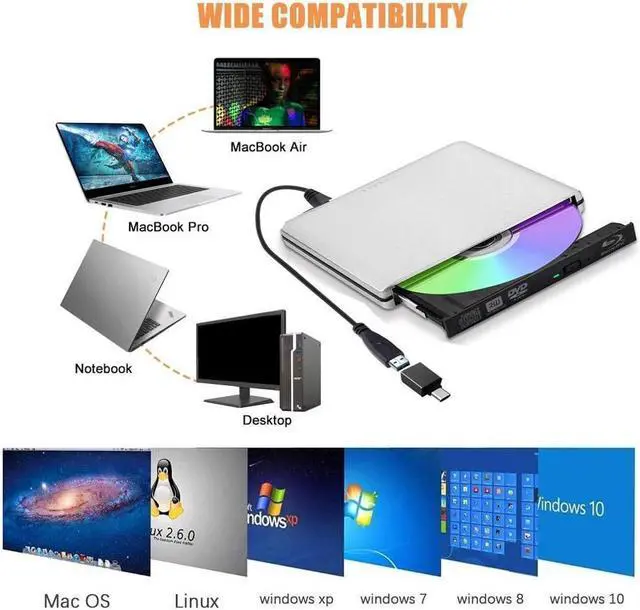 Alt view image 7 of 7 - IXJYLCPC Aluminum External Blu-Ray/DVD/CD Player Drive, USB 3.0 Type-C External DVD CD ROM Burner, Portable DVD Player, CD RW Optical Drive, For Laptop Desktop PC Windows Linux OS Apple Mac