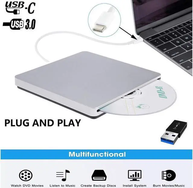 Main image of IXJYLCPC XD055 Slim Type-C/USB3.0 External CD Drive, Portable CD/DVD +/-RW Drive Ultra-Thin DVD/CD ROM Rewriter Burner Compatible with Laptop Desktop PC Windows Linux OS Apple Mac(Silver)