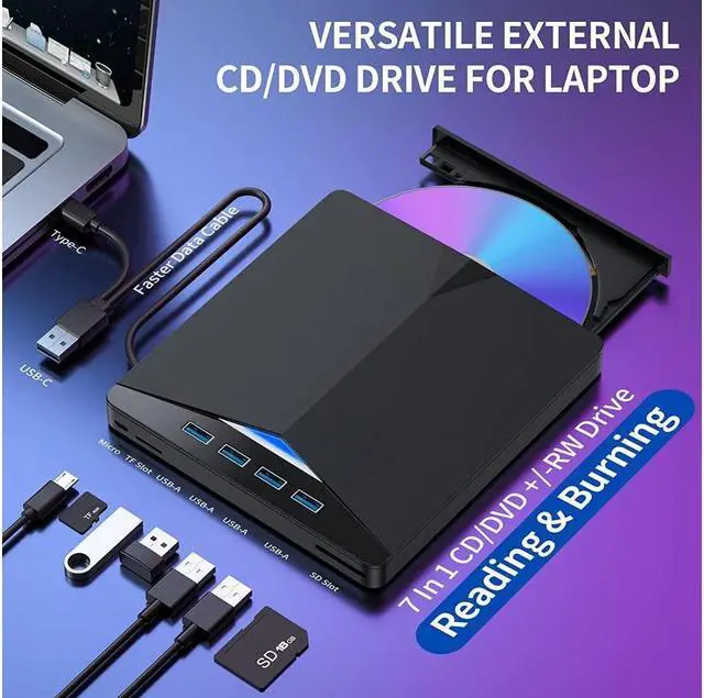Alt view image 2 of 7 - IXJYLCPC External CD DVD Drive USB 3.0 Type-C Portable CD/DVD ROM Drive Burner Rewriter with 4 USB3.0 Ports TF SD Card Reader for Windows Linux Mac Laptop Desktop, MacBook Pro/Air, iMac