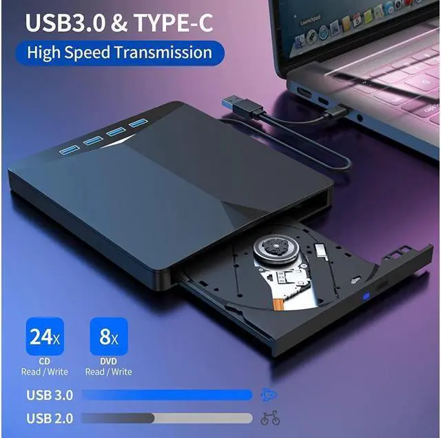 Alt view image 4 of 7 - IXJYLCPC External CD DVD Drive USB 3.0 Type-C Portable CD/DVD ROM Drive Burner Rewriter with 4 USB3.0 Ports TF SD Card Reader for Windows Linux Mac Laptop Desktop, MacBook Pro/Air, iMac