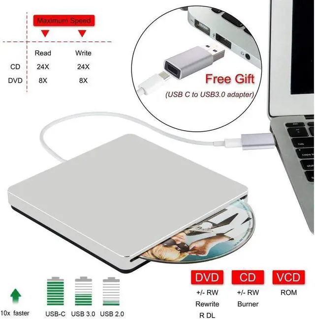 Alt view image 2 of 7 - IXJYLCPC USB 3.0 & USB-C External DVD Drive with Case, Portable CD DVD RW Drive Burner Writer Optical Player for USB Type-C Windows Laptop Mac MacBook Pro Air iMac, Silver