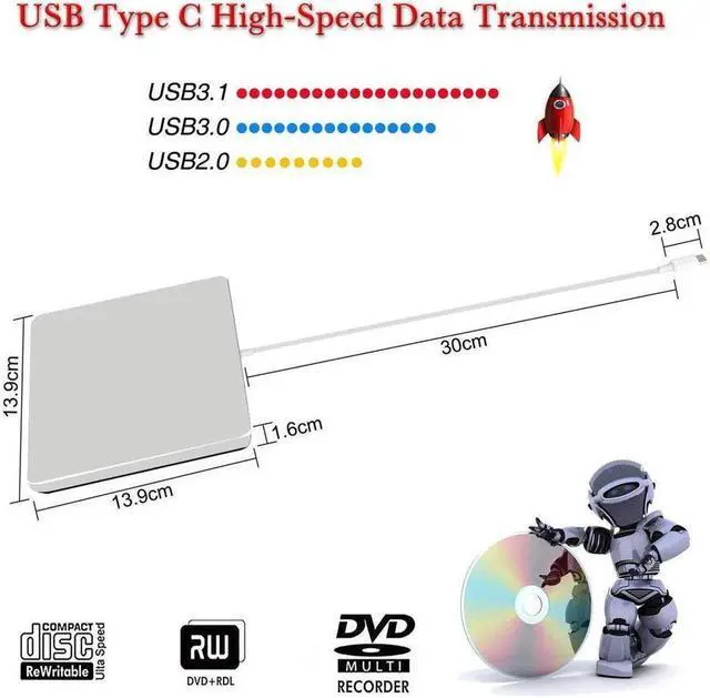 Alt view image 4 of 7 - IXJYLCPC USB 3.0 & USB-C External DVD Drive with Case, Portable CD DVD RW Drive Burner Writer Optical Player for USB Type-C Windows Laptop Mac MacBook Pro Air iMac, Silver