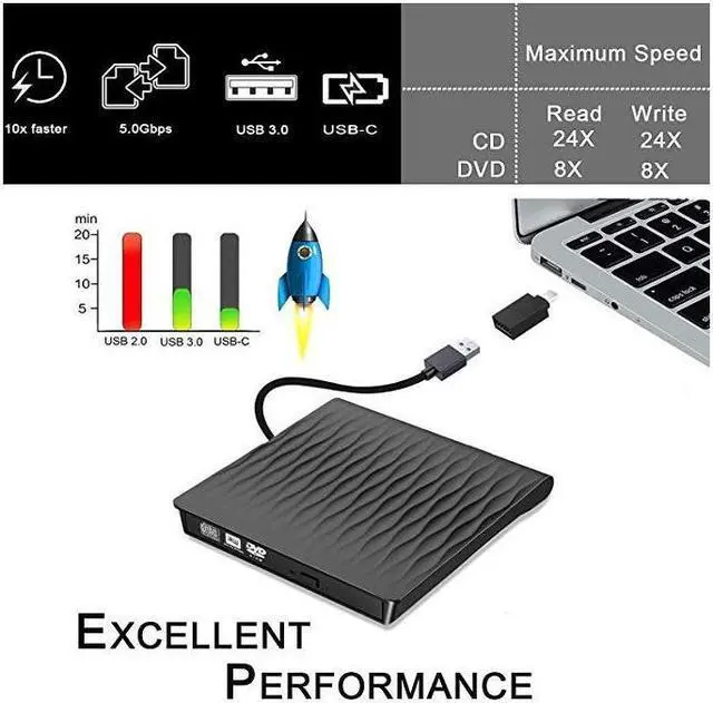 Alt view image 5 of 6 - IXJYLCPC USB3.0 with Type-C adapter Superdrive External DVD/CD Reader and DVD/CD Burner for Apple-MacBook Air/Pro/iMac/Mini/MacBook Pro/ASUS/ASUS/DELL Latitude Plug and Play(SLS01, Black)