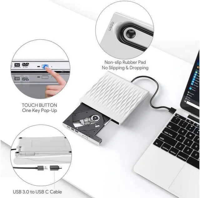 Alt view image 3 of 7 - IXJYLCPC USB3.0 with Type-C adapter Superdrive External DVD/CD Reader and DVD/CD Burner for Apple-MacBook Air/Pro/iMac/Mini/MacBook Pro/ASUS/ASUS/DELL Latitude Plug and Play(SLS01, White)