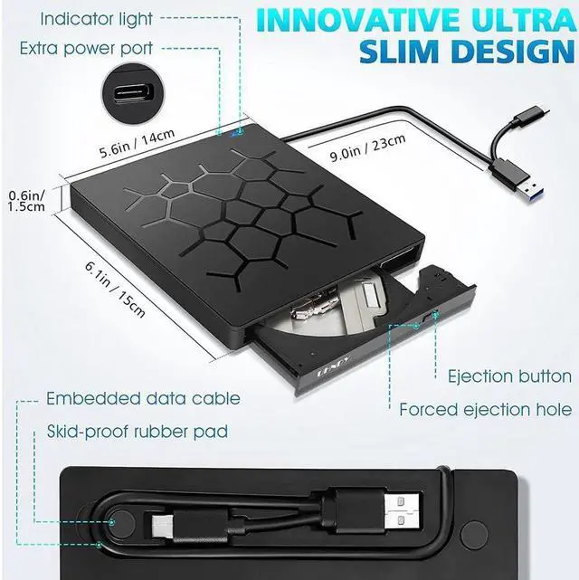 Alt view image 7 of 7 - IXJYLCPC External DVD Drive with 4 USB Ports and 2 SD Card Slots, USB 3.0 Portable CD/DVD +/-RW Drive Slim Optical Burner Writer Rewriter, High Speed Data Transfer for Laptop Notebook Desktop PC