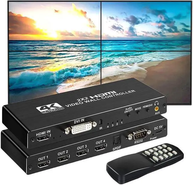 Main image of IXJYLCPC Video Wall Controller 2x2 4K 3840x2160@30Hz Processor HDMI 1.4 HDCP 1.4 Support 8 Display Modes - 2x2 1x2 1x3 1x4 2x1 3x1 4x1 with 1 HDMI Input 4 HDMI Output for Sports bar Company Mall