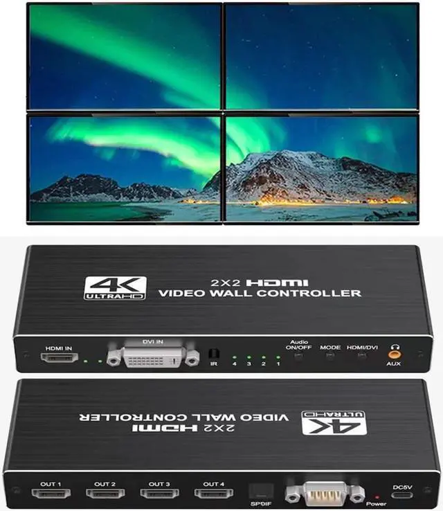 Main image of IXJYLCPC 4K Video Wall Controller 2x2 1x2 2x1 1x3 3x1 1x4 4x1 TV Wall Processor for 4 TV Splicing Display Support 3840x2160@30Hz HDMI Inputs and Rotate 180 Degree for 4K HDMI Video Image