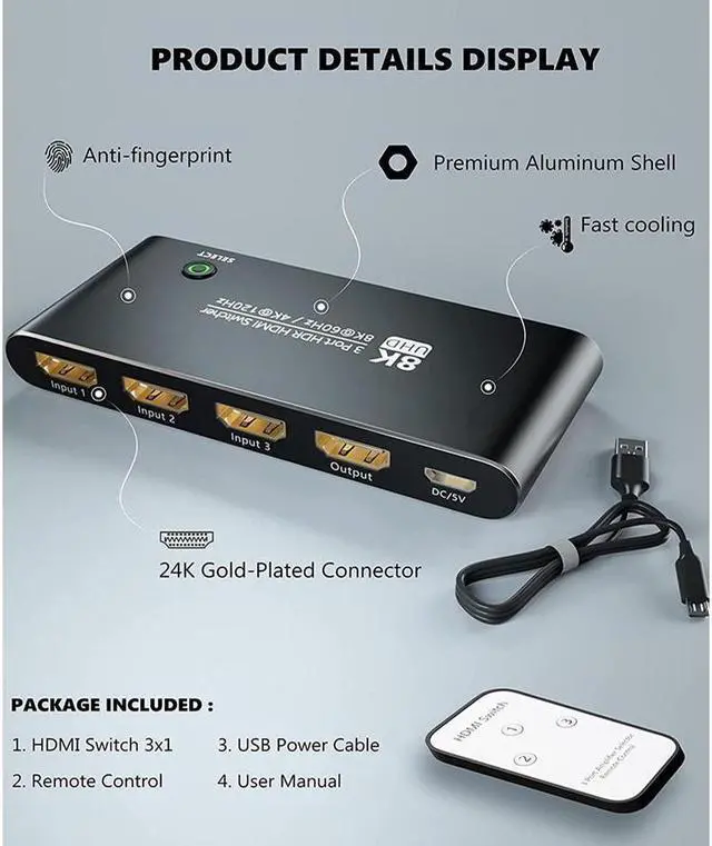 Alt view image 3 of 7 - IXJYLCPC HDMI Switch hdmi Switcher 3 in 1 Out with Remote Control, Ultra 8K HD Directional Switch 8K@60Hz 4K@120Hz High Speed 48Gbps Switch 8K hdmi Splitter ps5 Support Xbox X PS5 luminum Shell